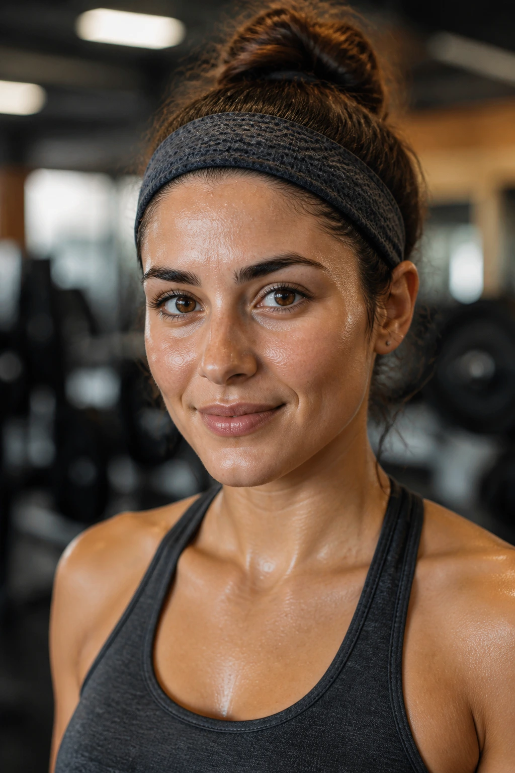 Portrait of a person wearing a moisture-wicking headband during a workout