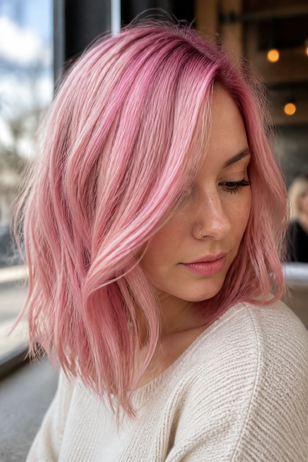 Close-up portrait of a real woman with Sweet Pea Pink hair and lowlights