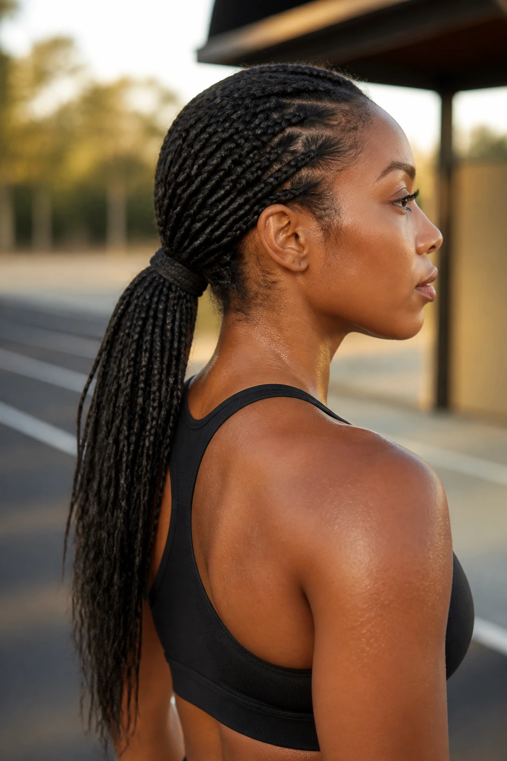 Side profile of a real woman with a low swept-back ponytail of tree braids