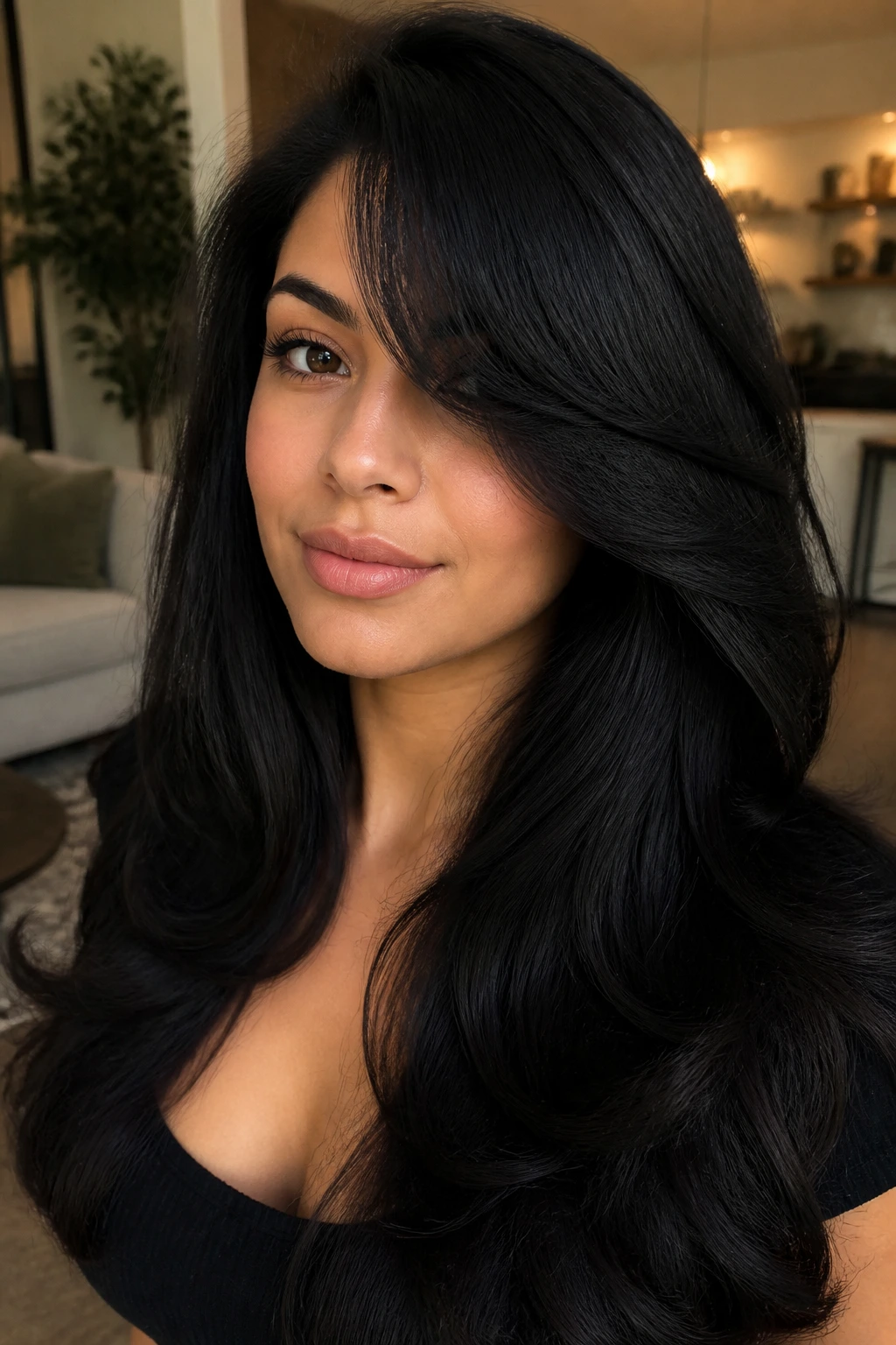 Real woman with side-parted swoop bangs and voluminous blowout
