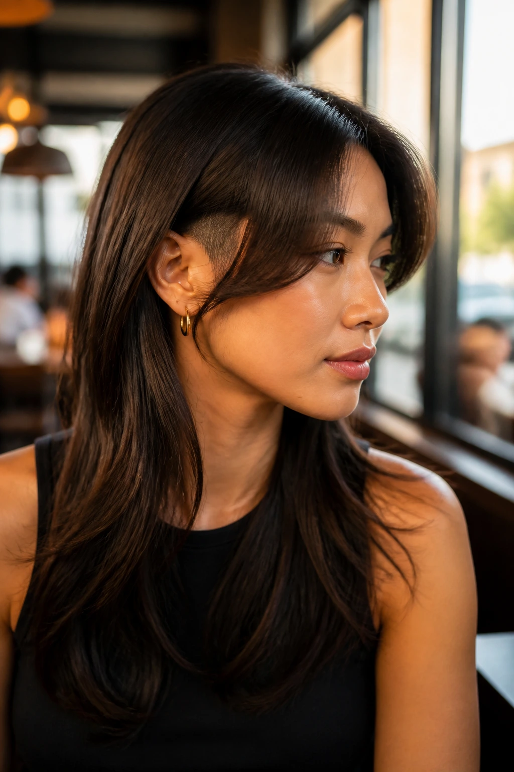 Close-up of a woman with double-sided swoop bangs and hidden undercut in golden-hour cafe light