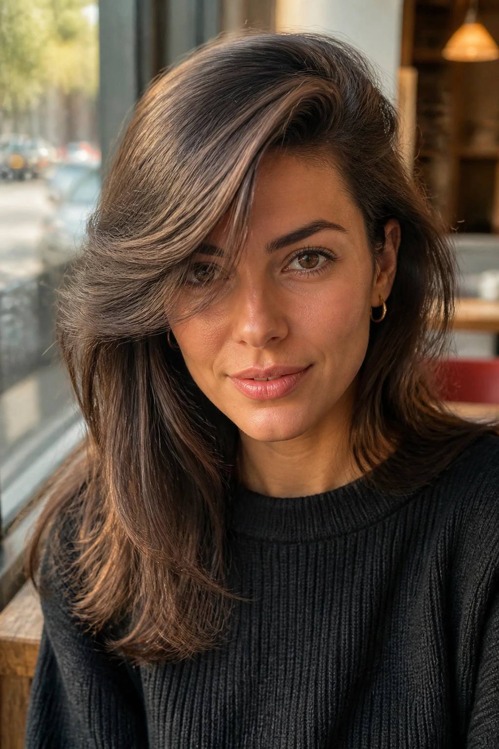 Close-up of a real woman with a dramatic swoop fringe side-part