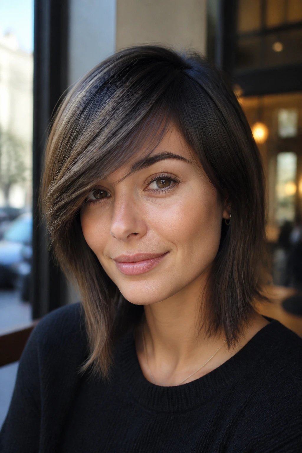 Close-up of a real woman with a swooping side fringe in cafe daylight