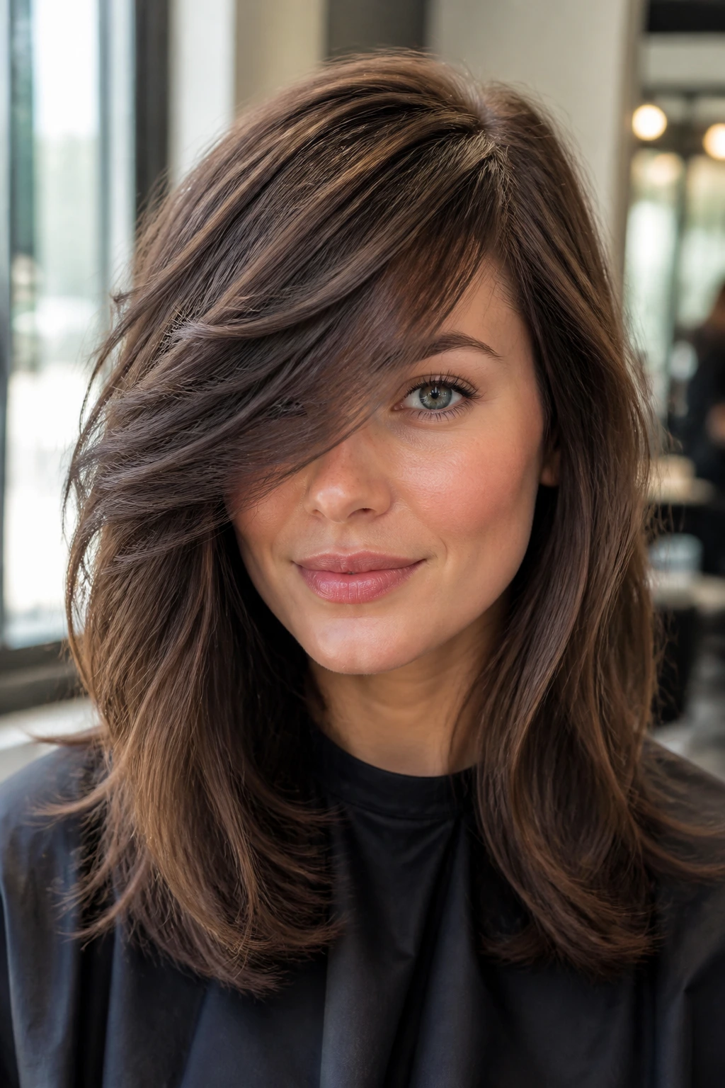 Close-up of a real woman with a thick diagonal side-swept fringe in a sunlit salon