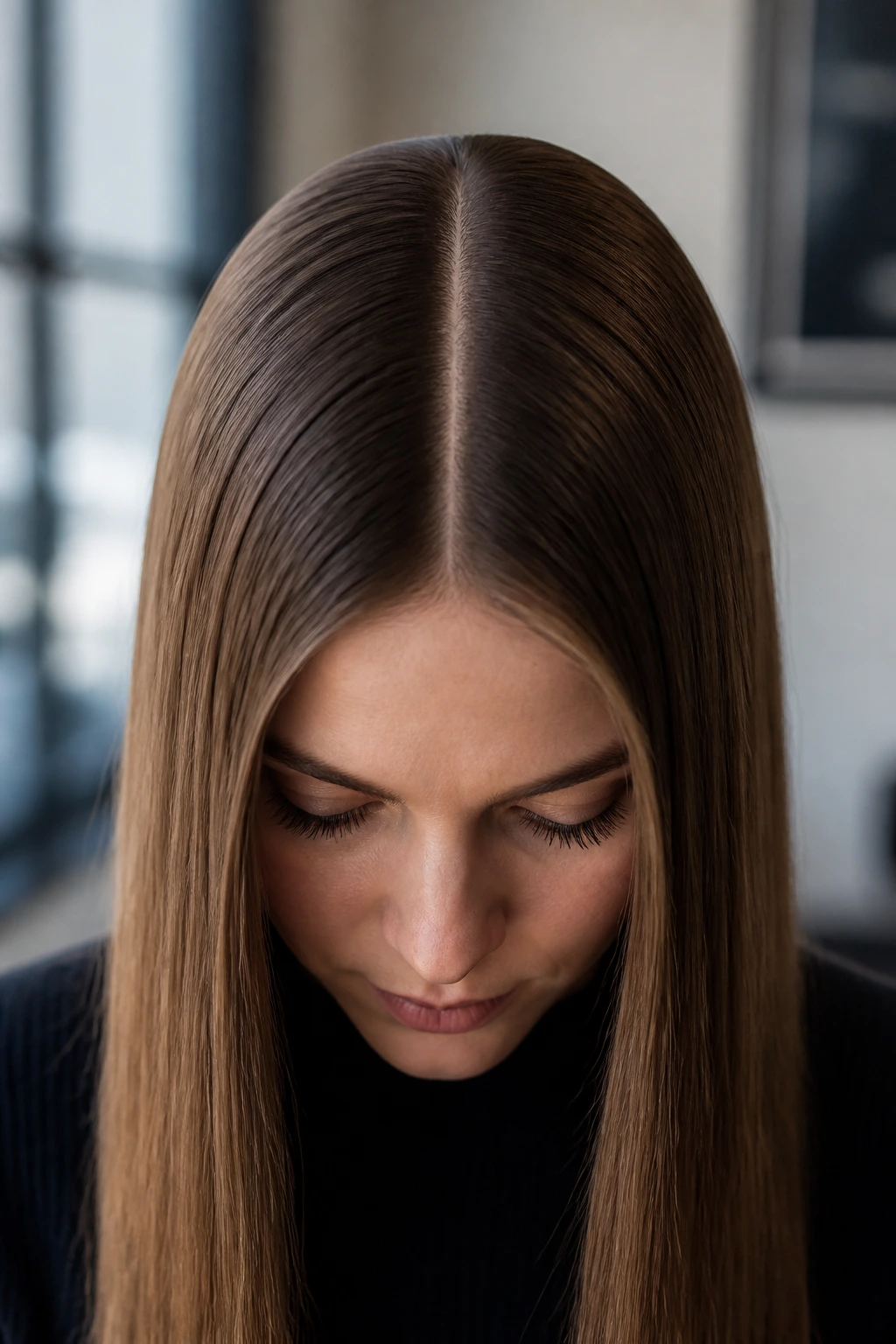 Close-up of a real woman with a perfectly straight, symmetrical part.