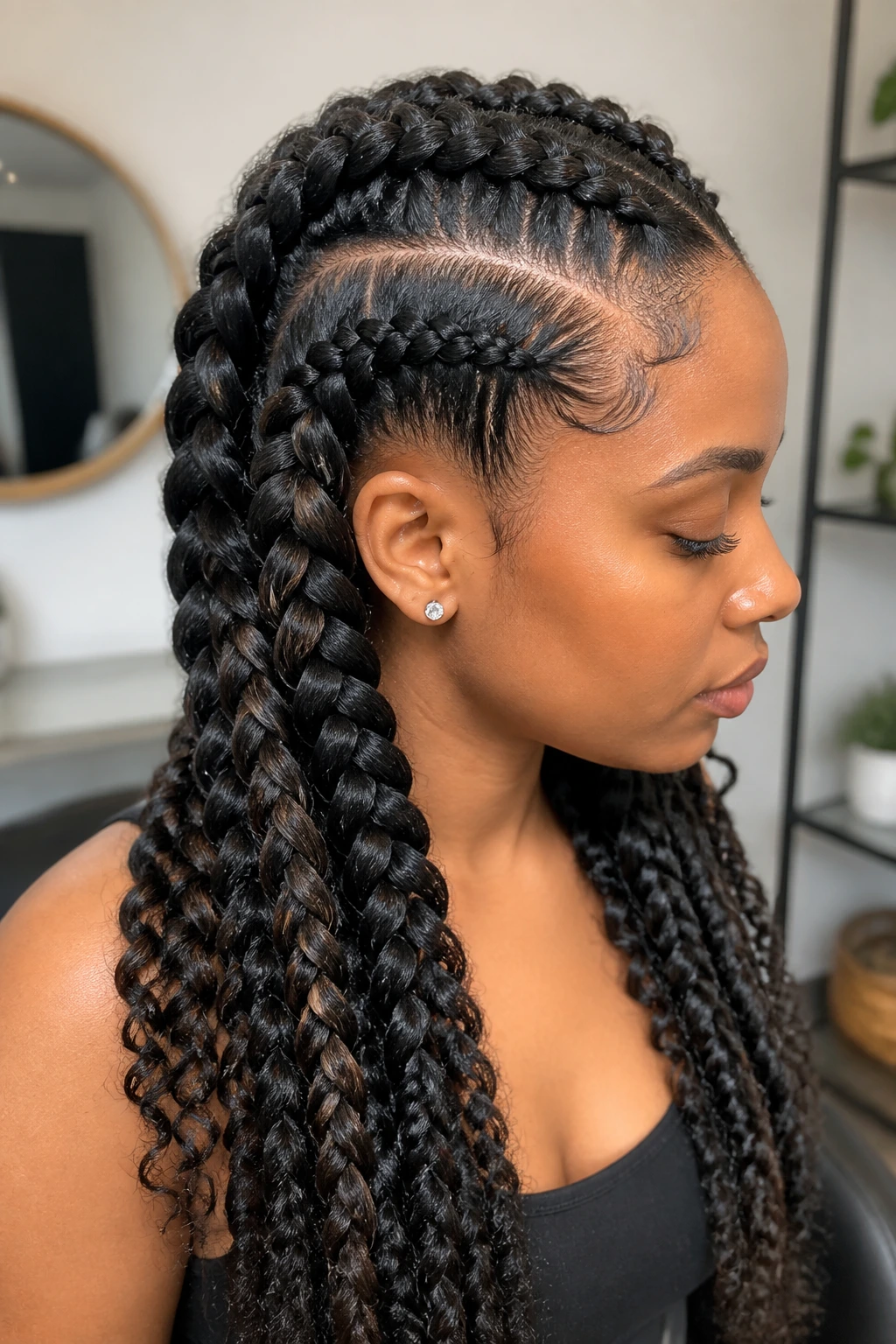 Close-up of a real person with Dutch braids and synthetic extensions