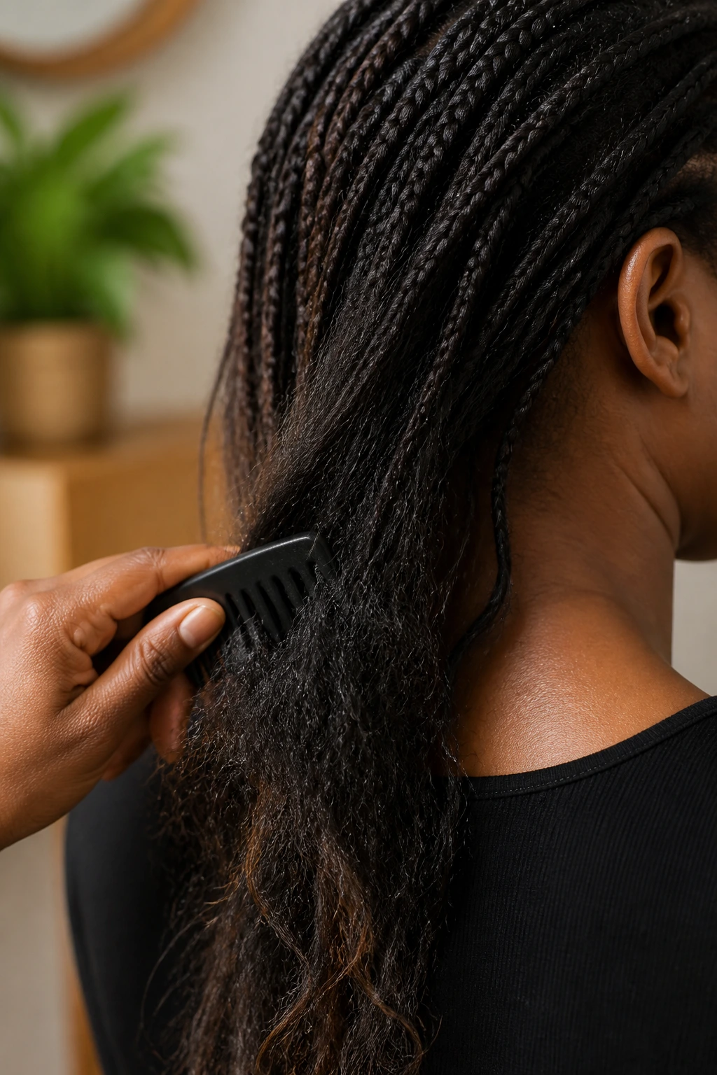 Back/side profile of a real woman detangling tangled synthetic hair.