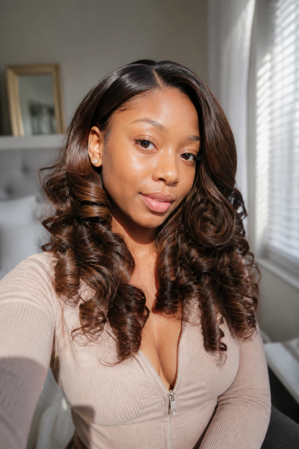 Close-up of person wearing a heat-free curled synthetic wig in natural light