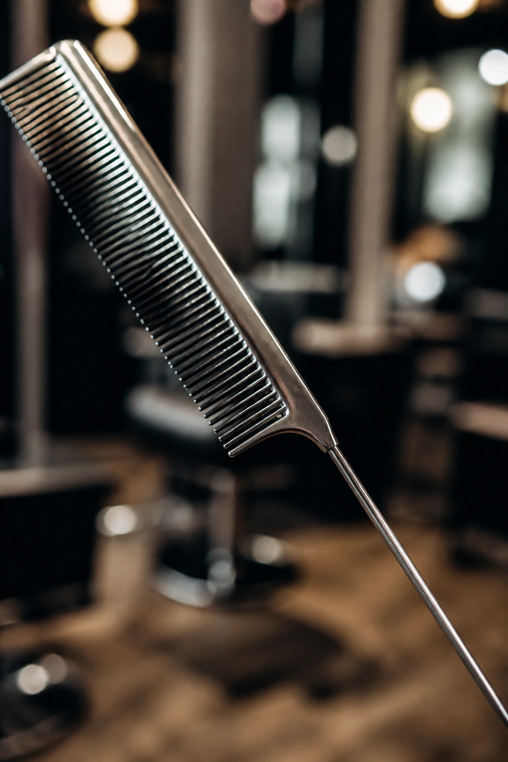 Macro shot of a metal-tail comb used for precise parting
