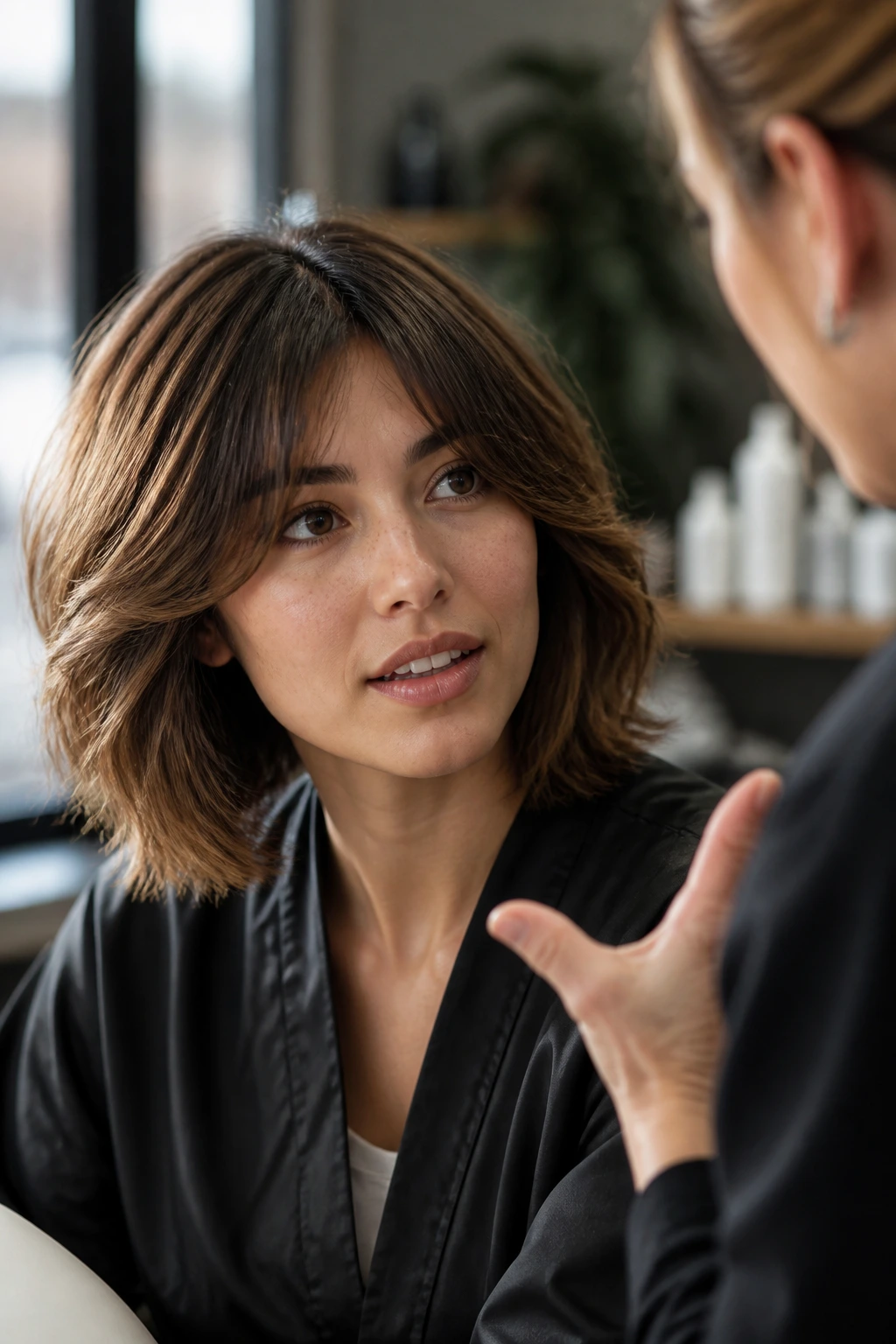 Client discussing hairstyle with stylist in salon