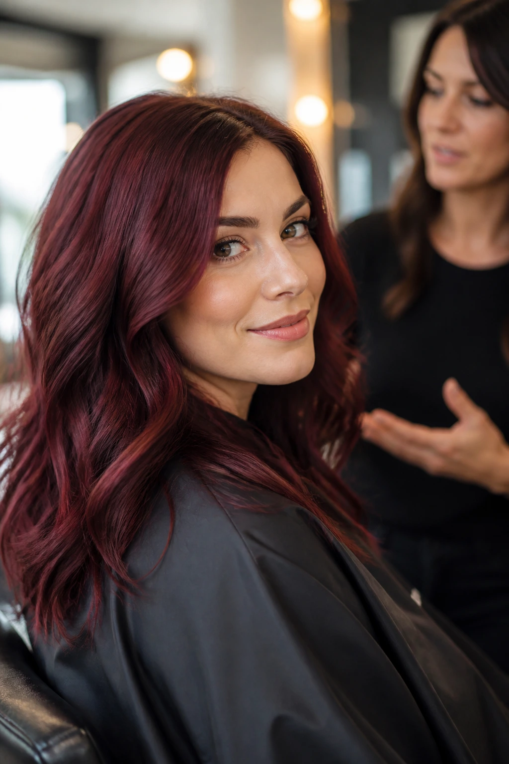 Woman with wine hair discussing color in a salon