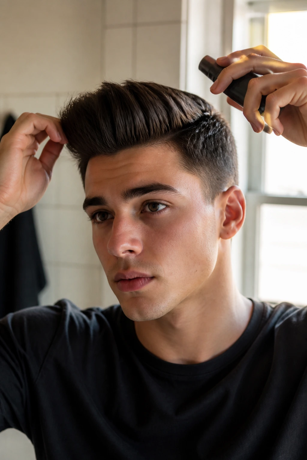 Close-up portrait of a real person with a thick, tamed quiff in a bright dorm bathroom