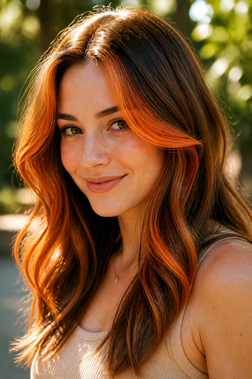 Close-up of a person with front-face tangerine highlights in natural sun.