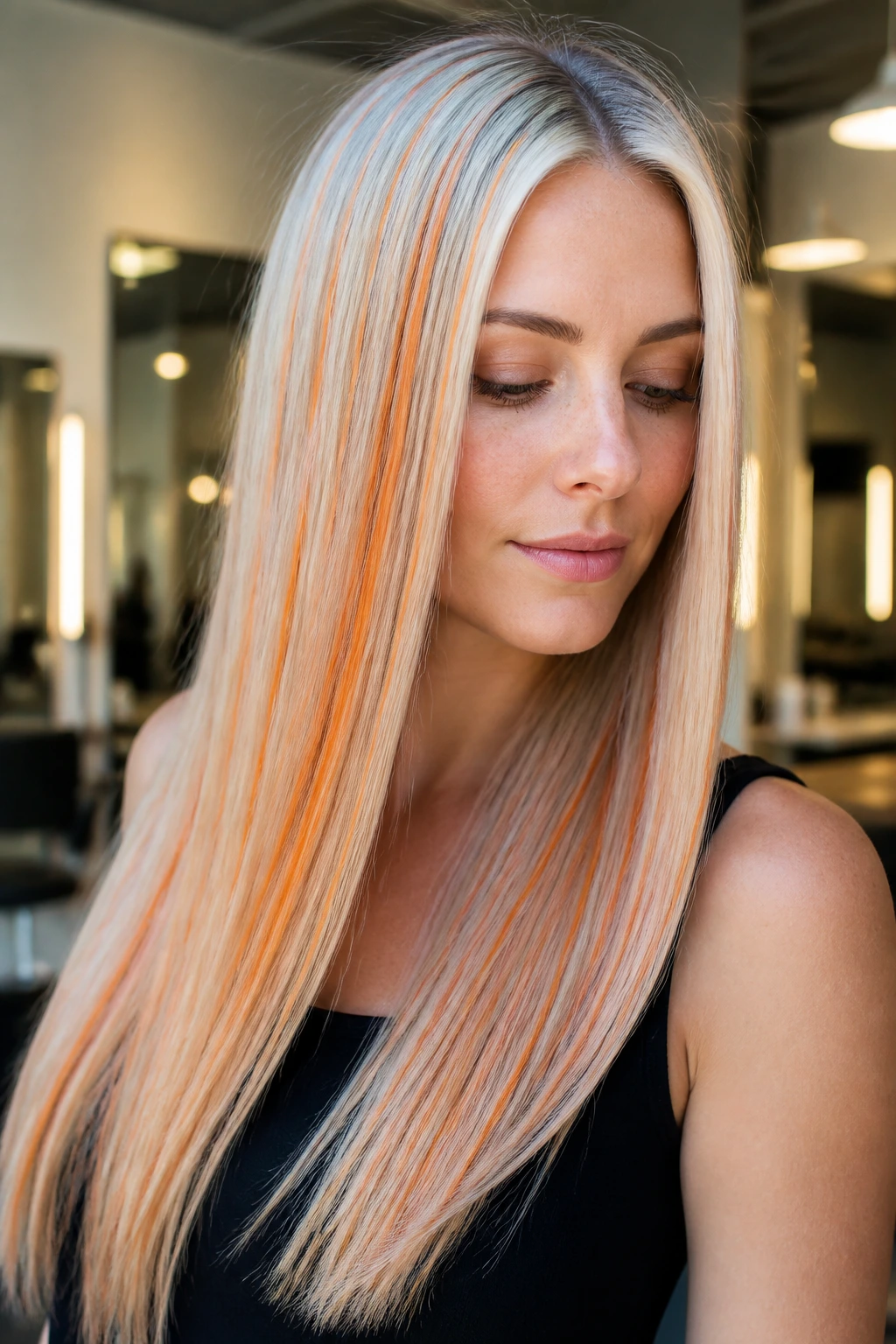 Portrait of a woman with long straight hair featuring tangerine ribbons through a milky blonde base in a salon.