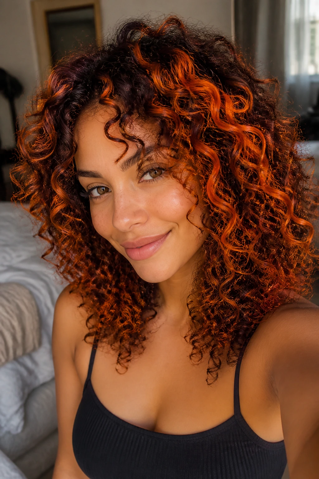 Close-up of real woman with curly hair and tangerine streaks