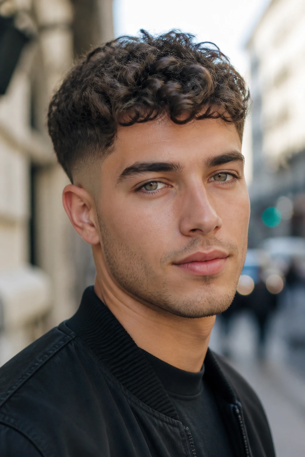 Close-up of a man with a taper fade and textured top curls in an urban setting.