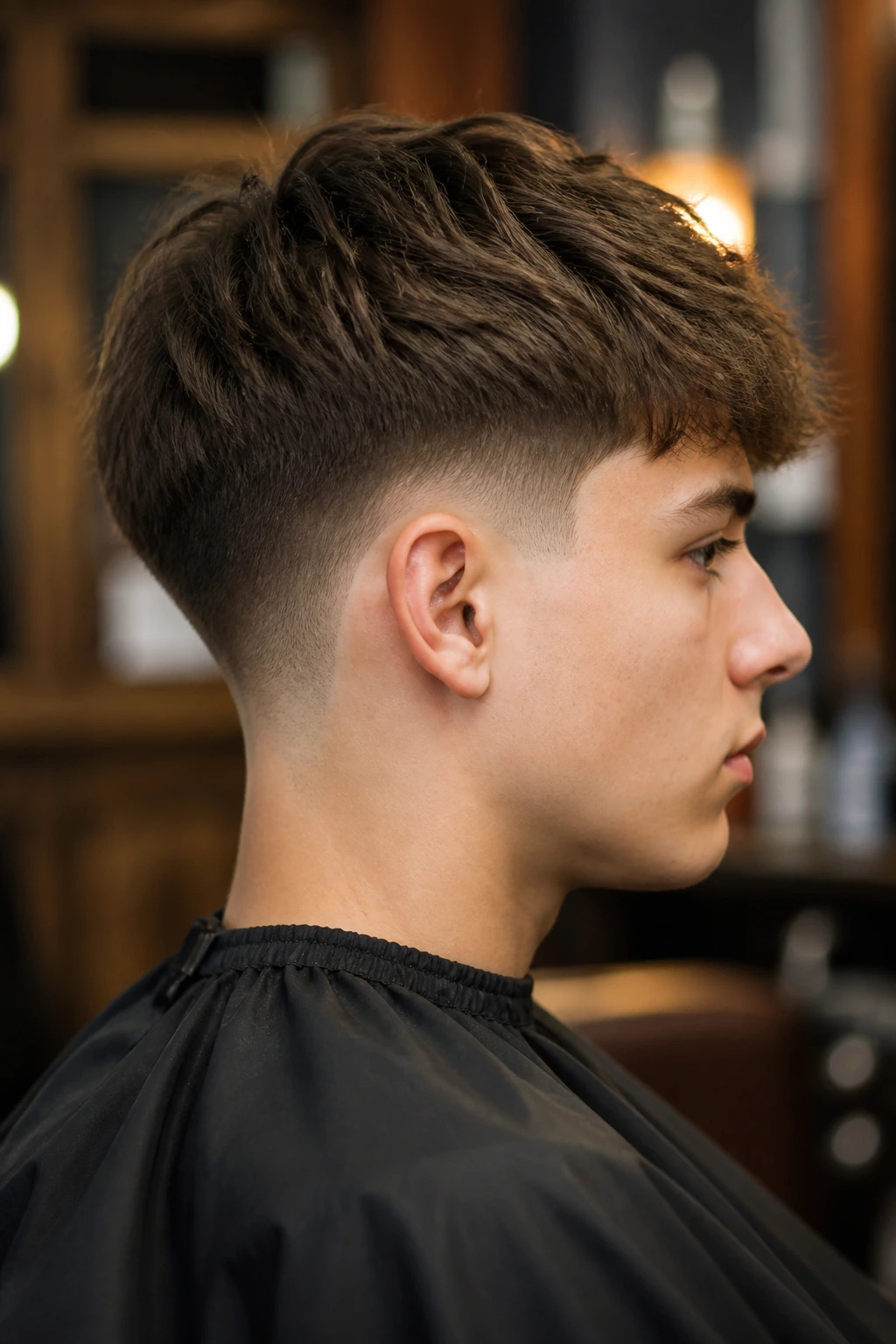 Teen with clean taper fade in a barber shop setting