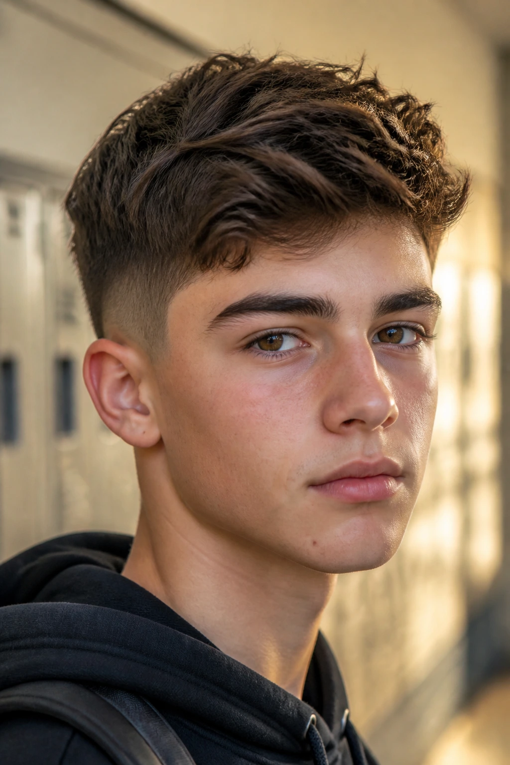 Close-up of teen boy with a classic taper fade in a sunlit school hallway