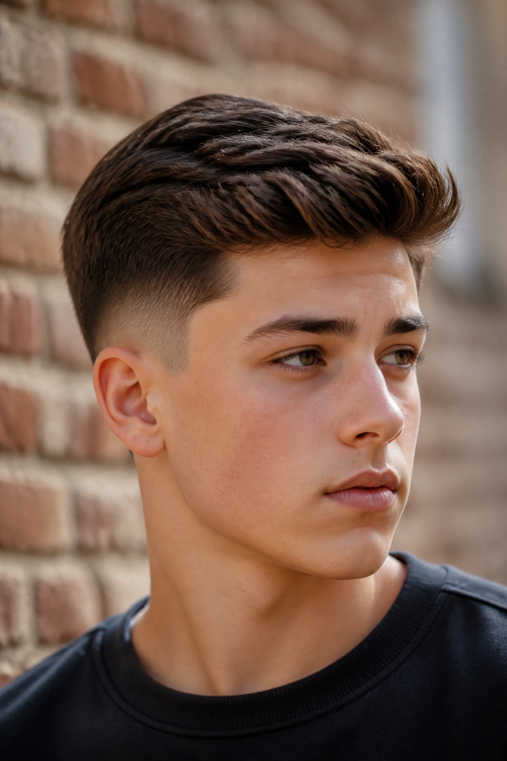 Teenage boy with classic taper fade in outdoor daylight.