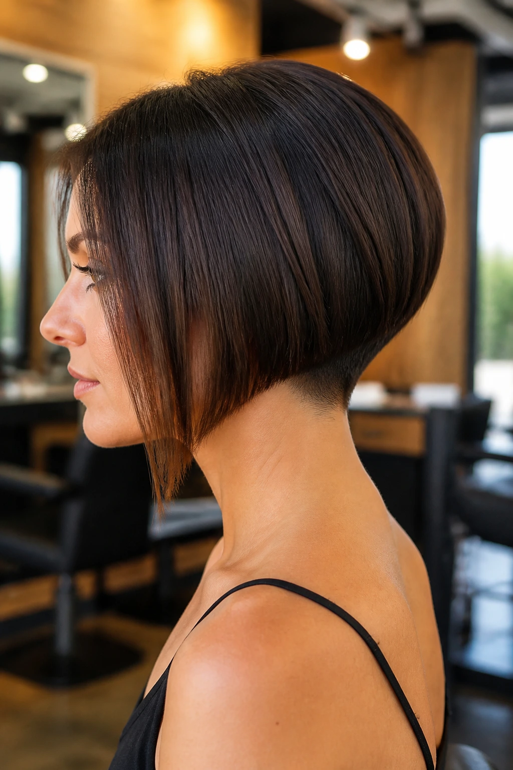 Close-up of a real person with a tapered A-line bob and subtle nape undercut in a warm salon.