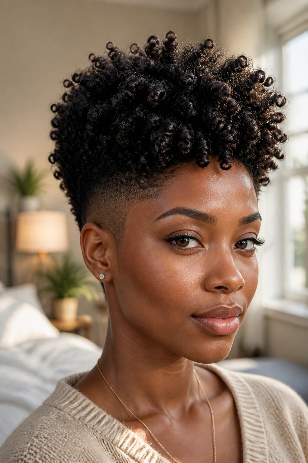 Close-up portrait of a Black woman with a tapered Afro and defined coils in natural light