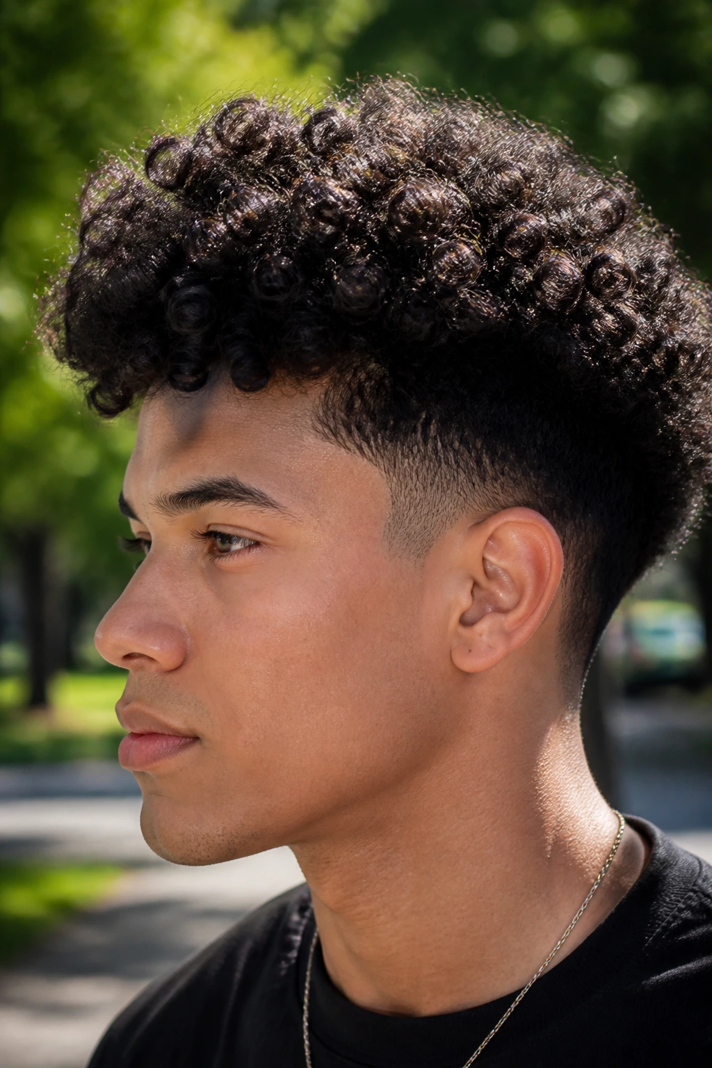 Real person with tapered afro curly crop and voluminous top.