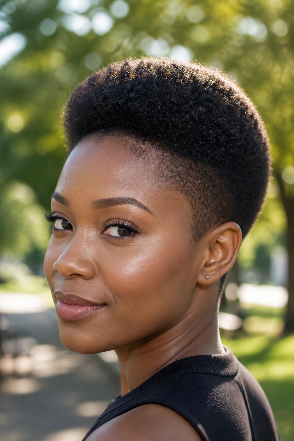 Close-up portrait of a real woman with a tapered Afro cut showing defined crown and tapered sides.