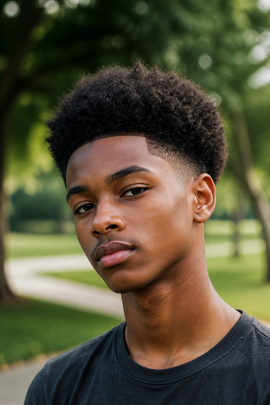 Close-up portrait of a real person with a tapered afro in a park setting.