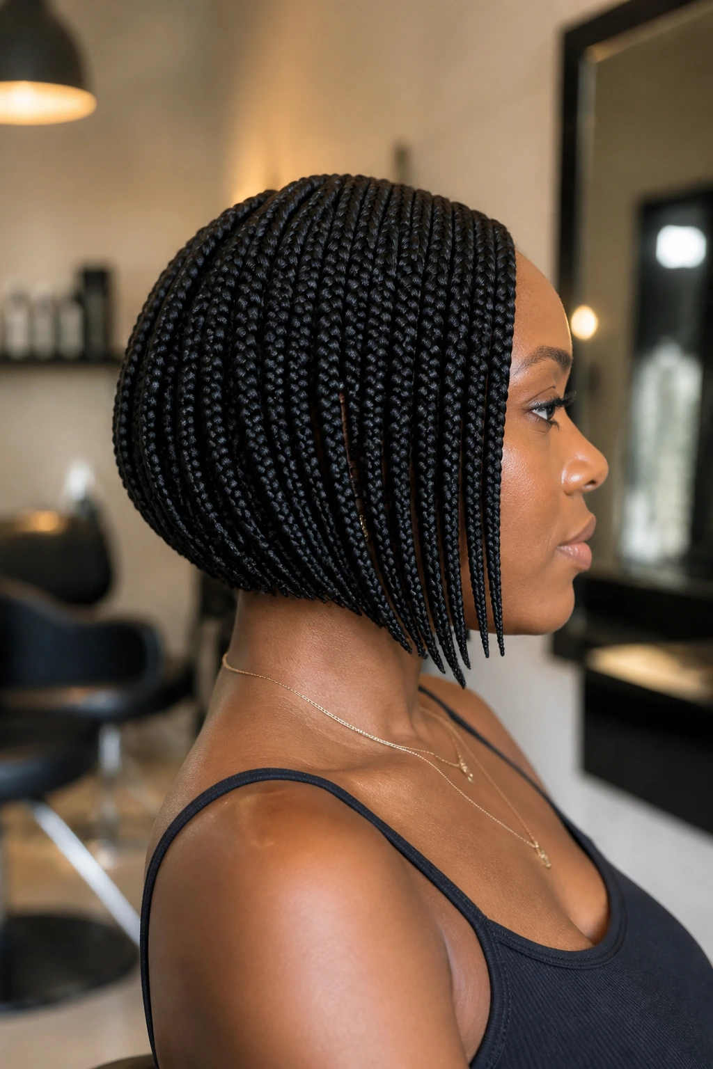 Profile view of real woman with tapered angled bob