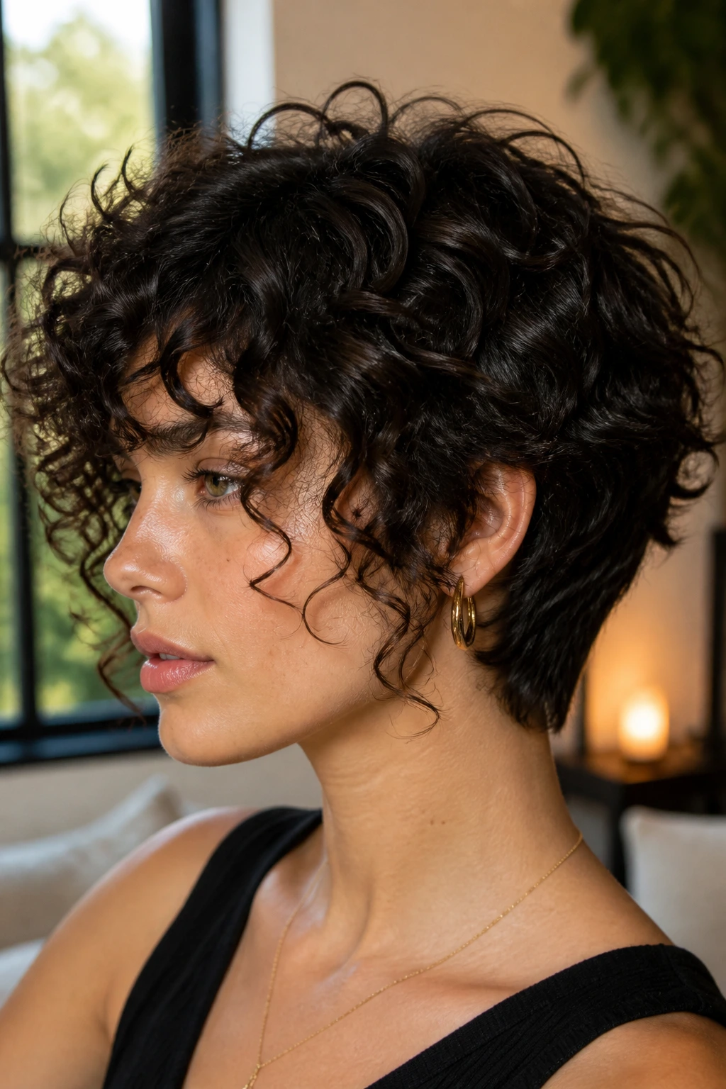 Portrait of a woman with tapered back and long fringe hairstyle