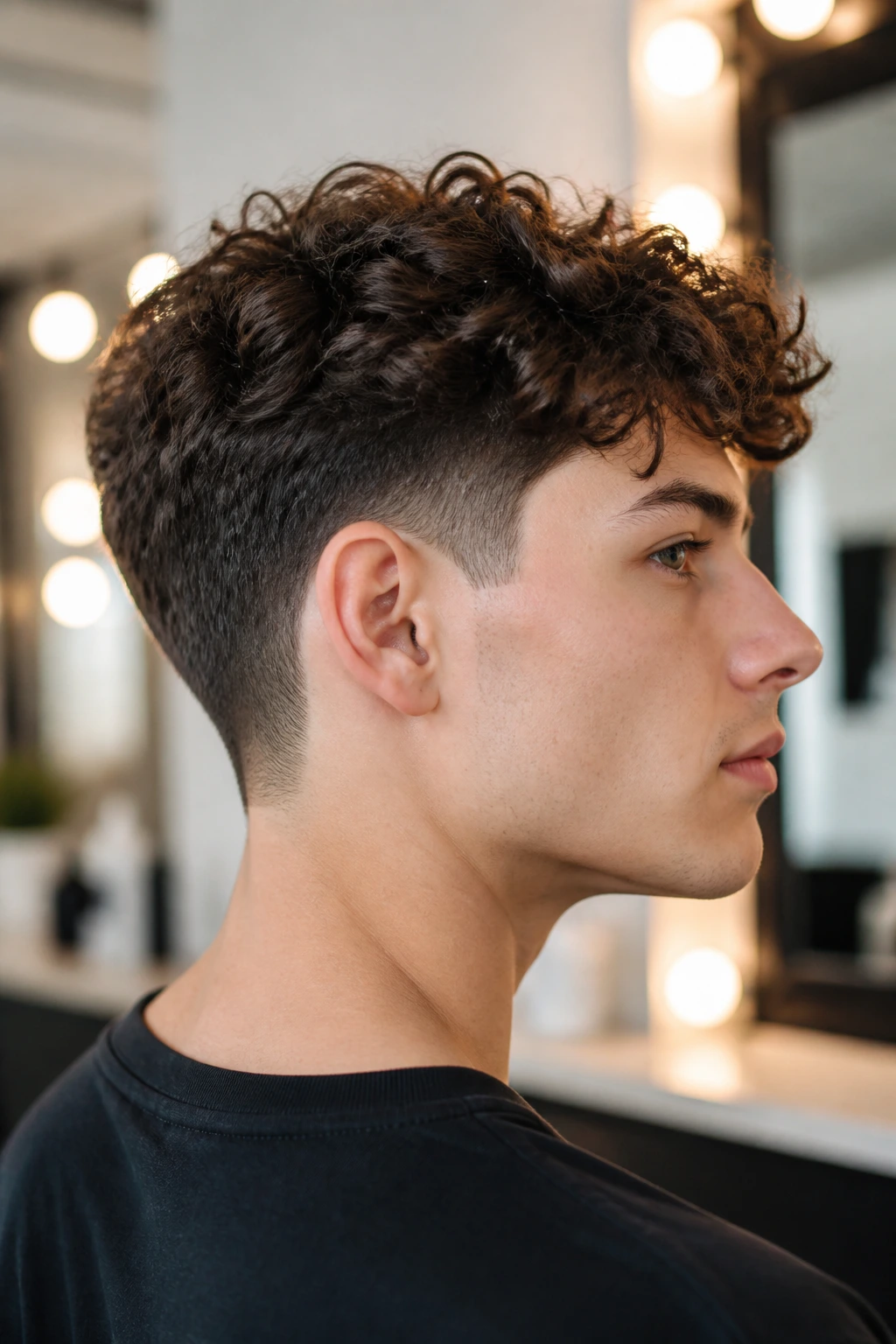 Close-up of a person with a tapered back and longer top hairstyle