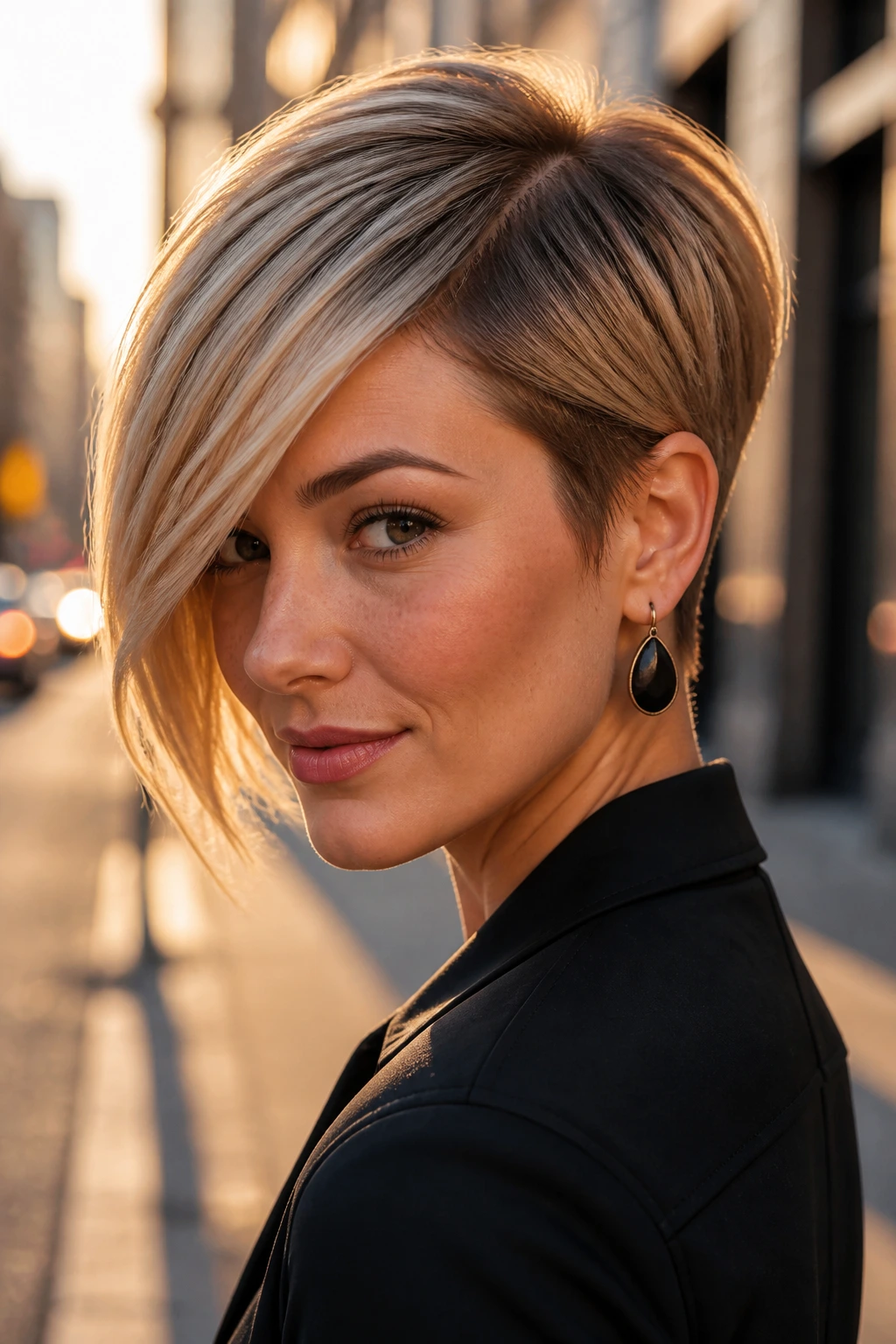 Portrait of a real woman with a tapered back stack and side-swept fringe on the street at golden hour.