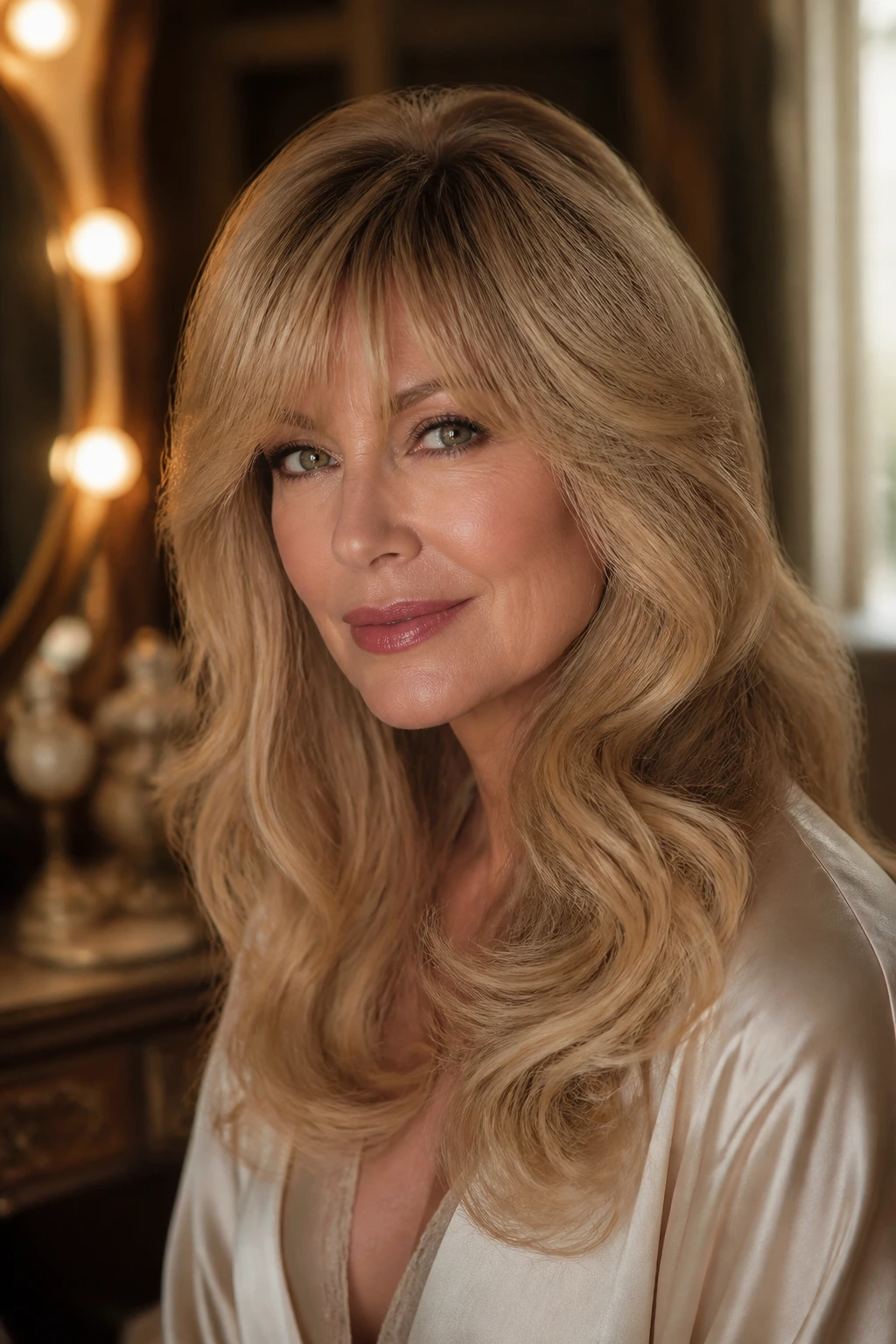 Close-up portrait of a woman with tapered feathered bangs and retro Hollywood waves in warm vintage setting