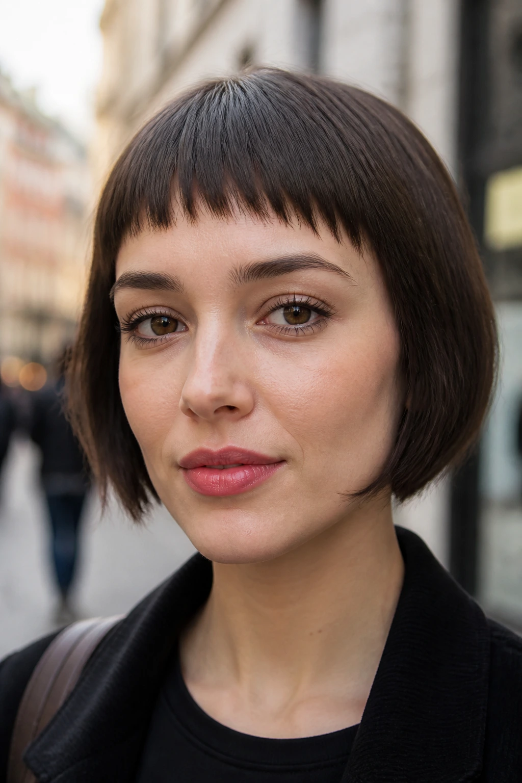 Close-up of a real woman with tapered short bangs in an urban setting.