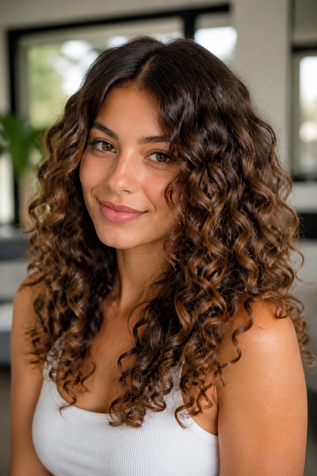 Portrait of woman with varied curls from tapered wand showing crimped texture.