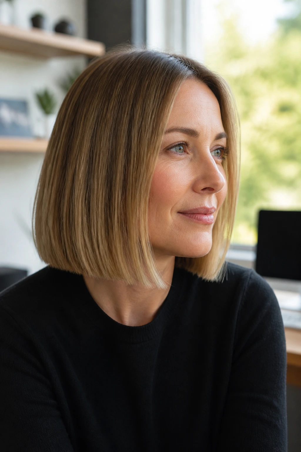 Close-up of a woman with a tapered blunt-end bob in a sleek home office