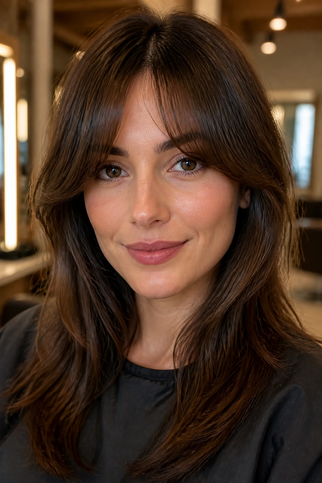 Close-up of a real woman with tapered bottleneck bangs in a warm salon