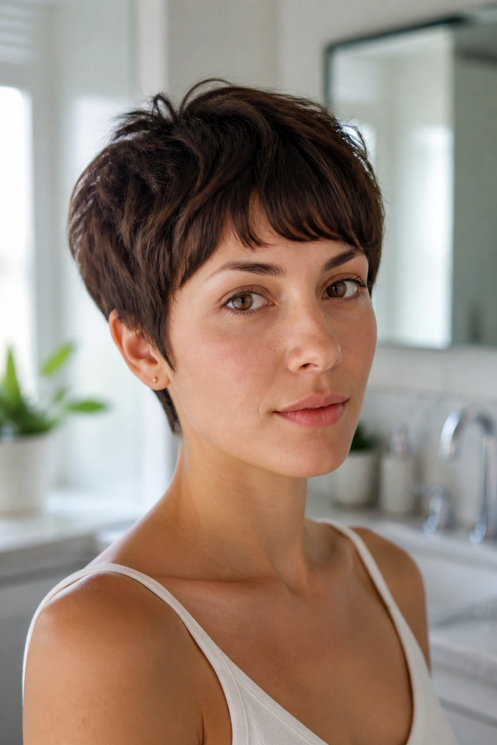 Close-up portrait of a person with a tapered boy cut and arched bangs in bright lighting