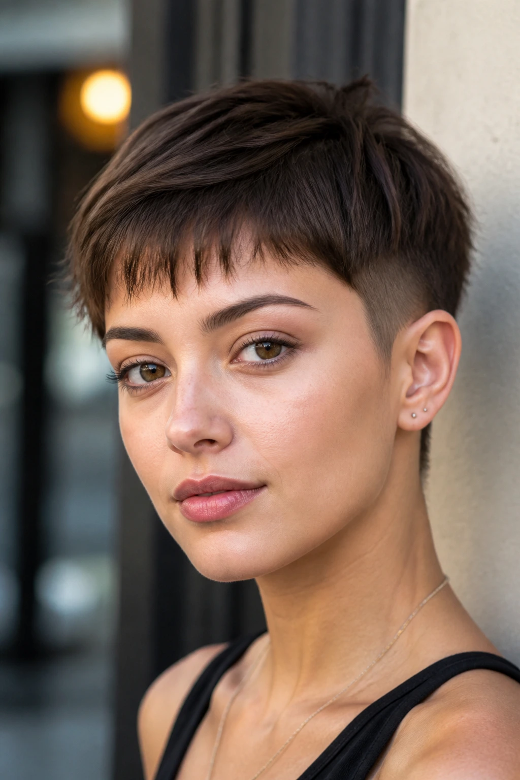 Real person with tapered boy cut and feathery baby bangs, close-up portrait