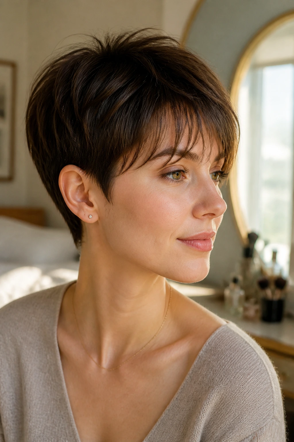 Close-up of a person with a tapered boy cut and wispy fringe in warm morning light