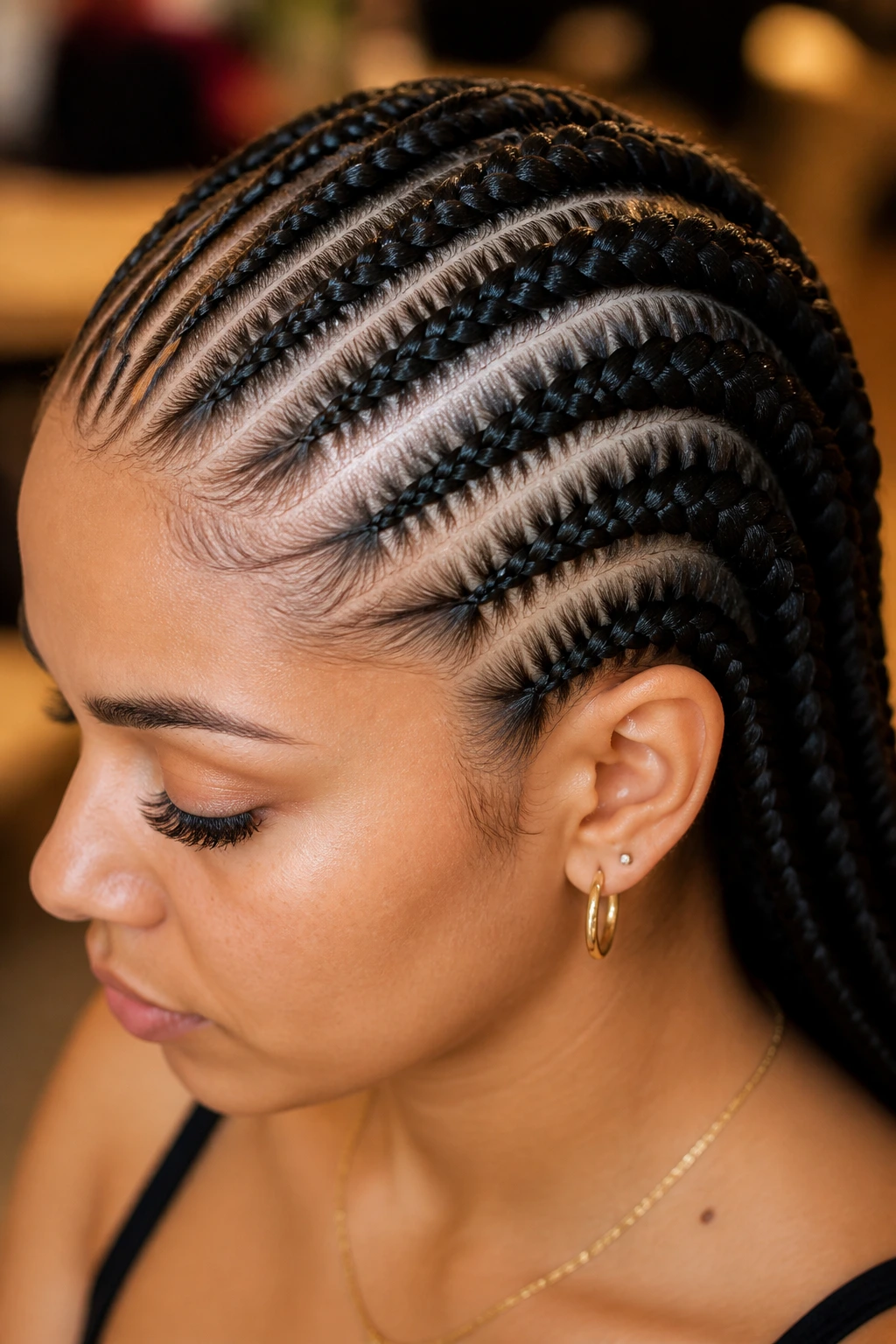 Close-up of a real woman showing tapered braid thickness