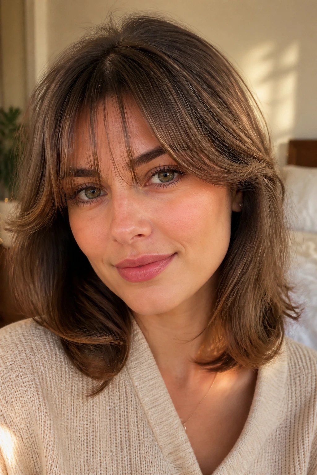 Close-up of a real woman with tapered crescent bangs sweeping outward in warm bedroom light