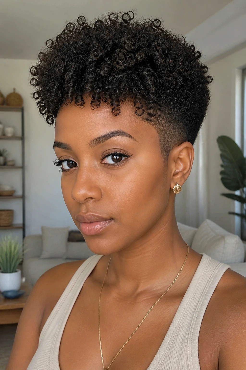 Close-up of a real woman with a tapered coily crop showing short sides and longer top