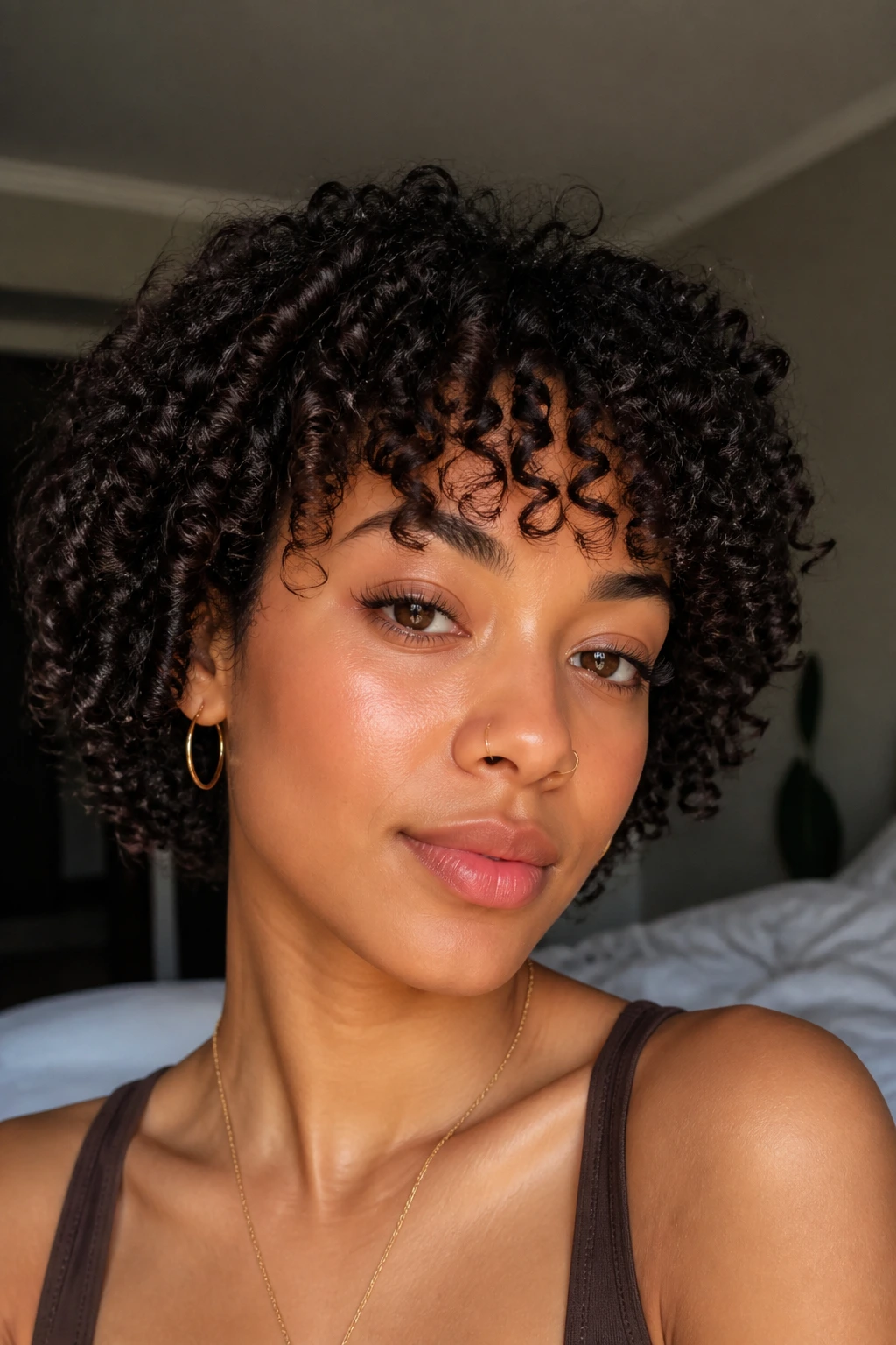 Close-up portrait of a real woman with a tapered curly fringe framing the forehead in natural light