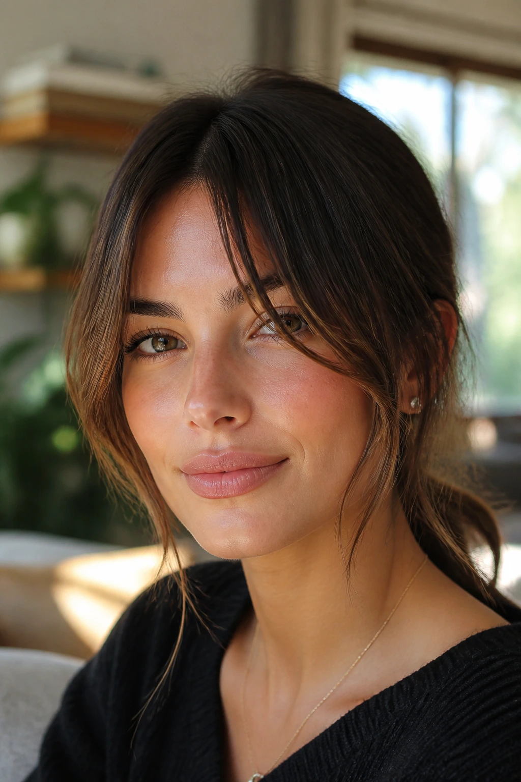 Close-up of a real woman with Tapered Curtain Wisps in warm sunlit setting