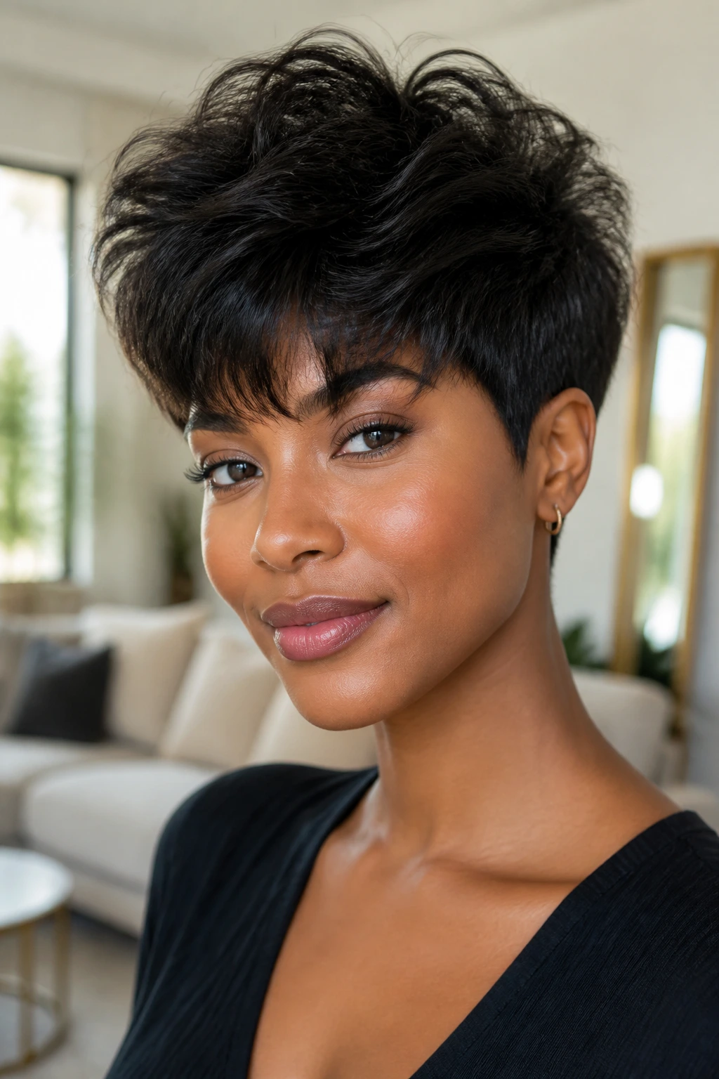 Close-up of a real woman with a tapered cut and voluminous top fringe