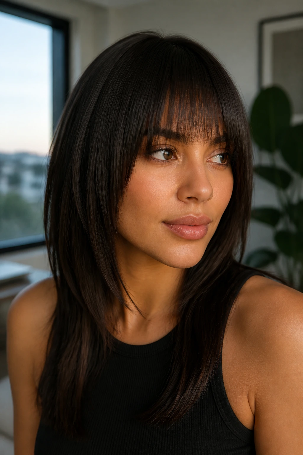 Close-up portrait of a woman with tapered edge straight bangs in soft natural light