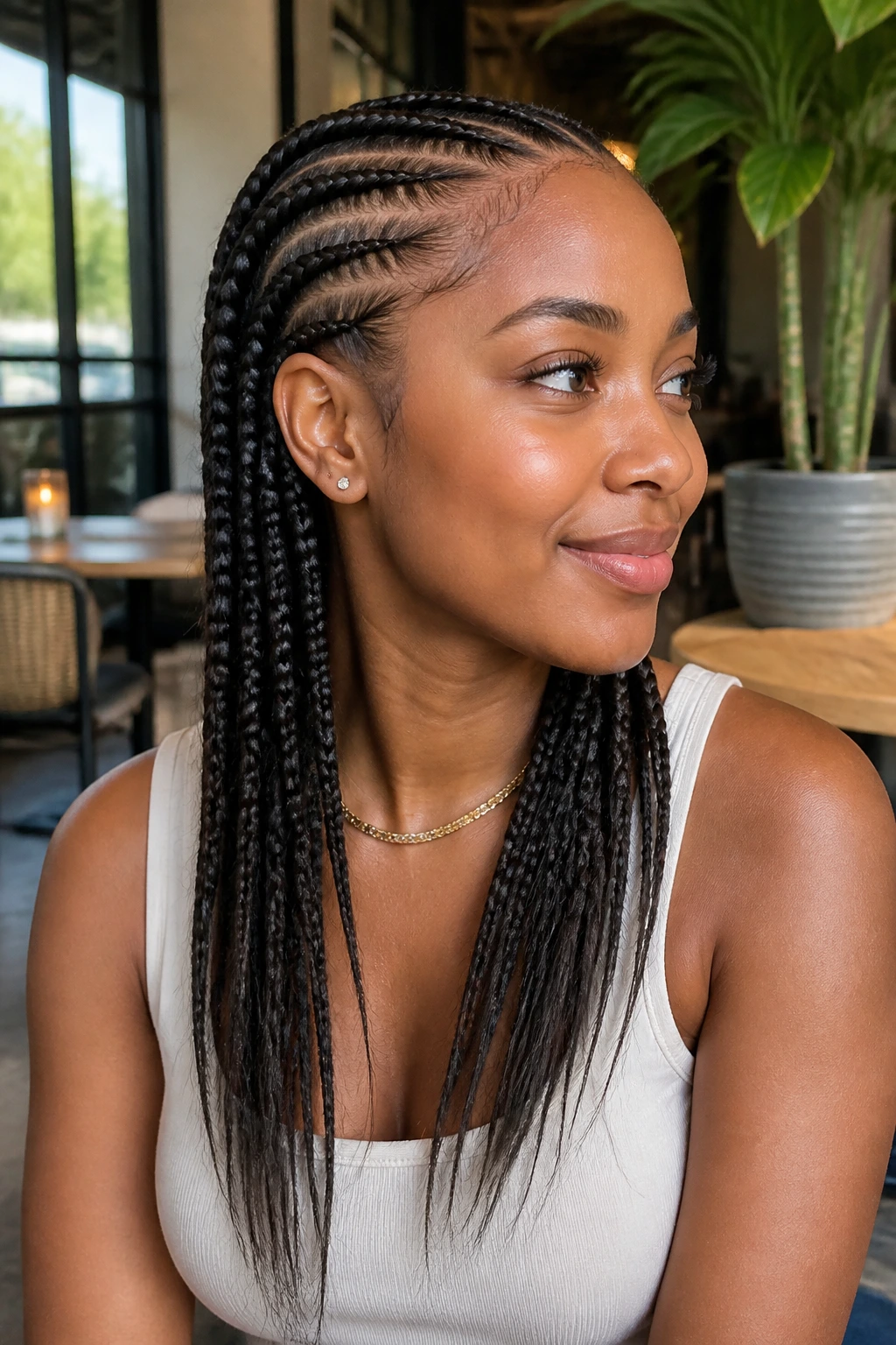 Portrait of a real person with tapered ends on Ghana braids in natural light.