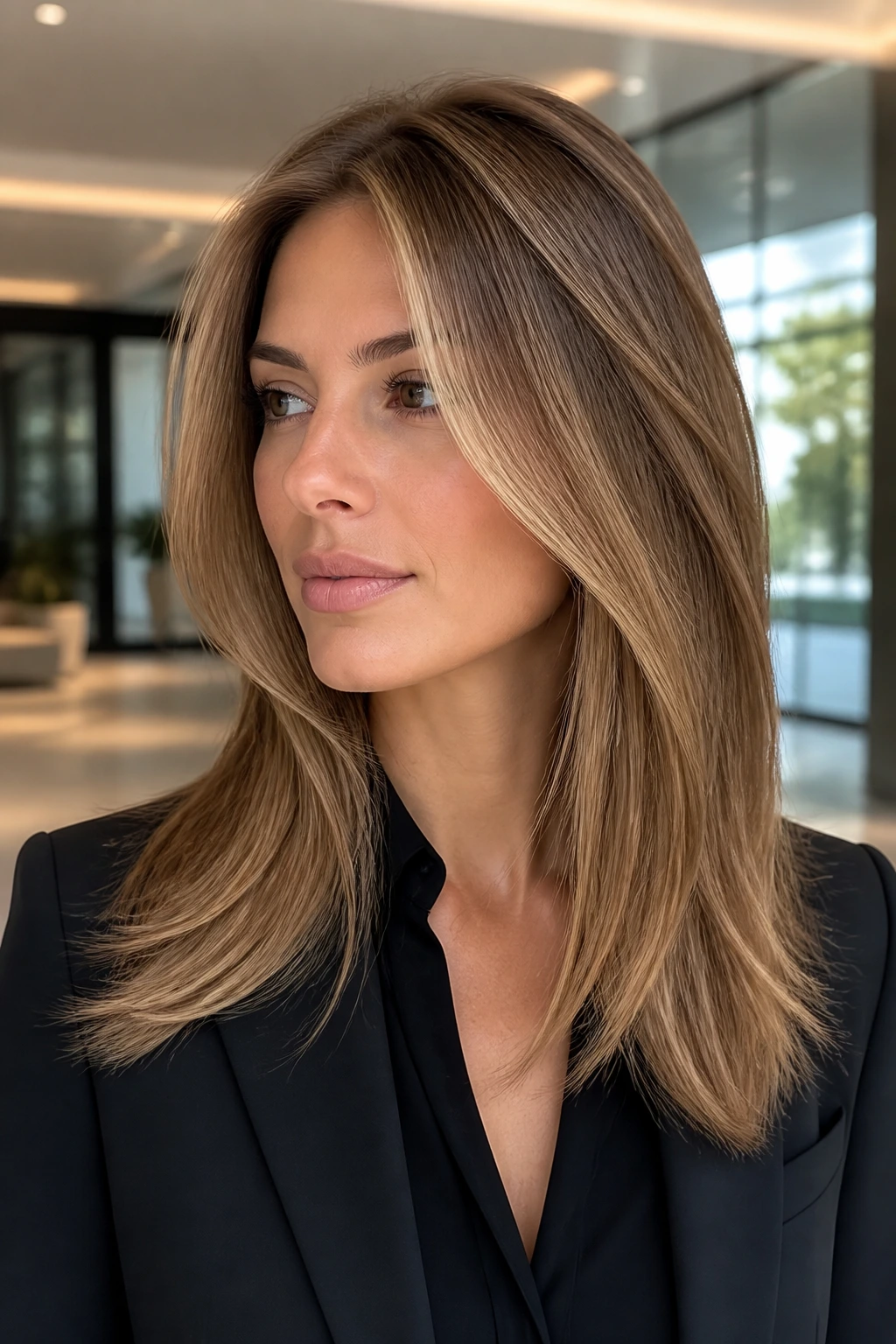 Close-up of a real person with a soft tapered face-framing angled cut in a corporate lobby