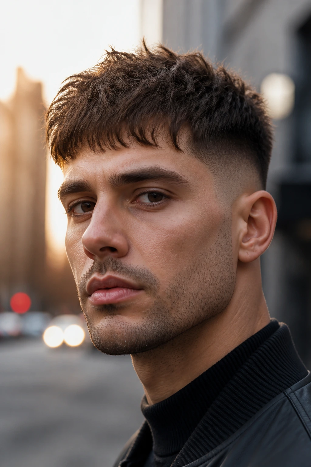 Real man with tapered fade crop on a dawn street
